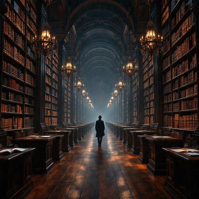 The primary subject of the image is a man walking down a long hallway in a library. The setting is a library, with numerous bookshelves lining the hallway. The visual style is a black and white photo, which adds a classic and timeless feel to the scene. The colors and mood are predominantly dark, with the man being the only source of light in the image.